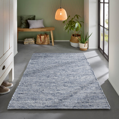 Wollteppich Natur | Reine Schur-Wolle Handweb Teppich im Skandinavischen Design | Blau